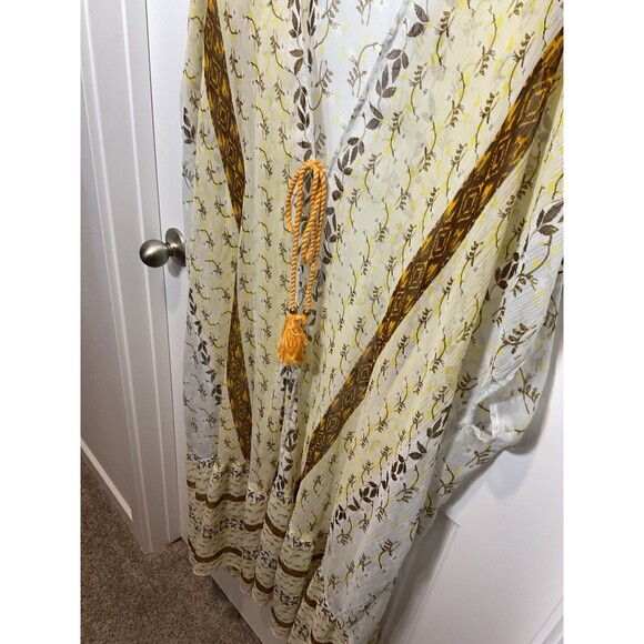 Women’s Sheer Kimono Steve Madden Boho Peasant Yellow Brown Tie One Size Floral - Picture 5 of 7